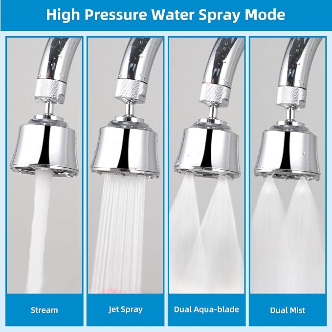 Hygie Rinse Kitchen Sink Faucet Head Replacement 4 Spray Faucet Sprayer Attachment with 2 Ball Joint, Big Angle Swivel, 55/64-27UNS Famale Thread, Male Thread Adapter Included, Chrome