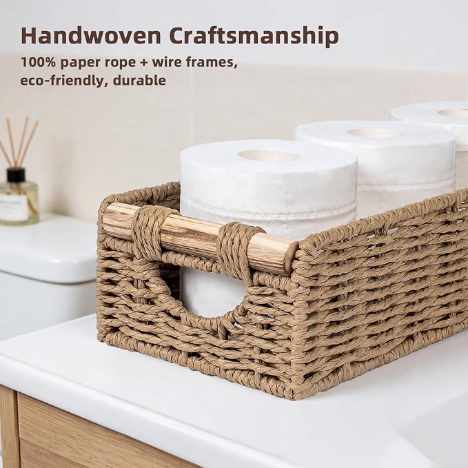 CubesLand Back of Toilet Storage Basket for Organizing w/Cut Out Handle, Handwoven Toilet Tank Top Paper Baskets, Wicker Decorative Basket for Countertop, Home Decor, Living Room, Nursery, Neutral