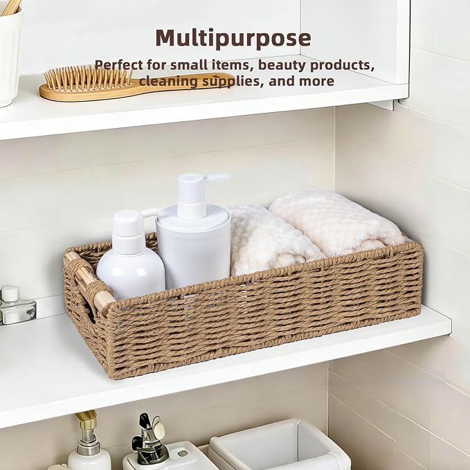 CubesLand Back of Toilet Storage Basket for Organizing w/Cut Out Handle, Handwoven Toilet Tank Top Paper Baskets, Wicker Decorative Basket for Countertop, Home Decor, Living Room, Nursery, Neutral
