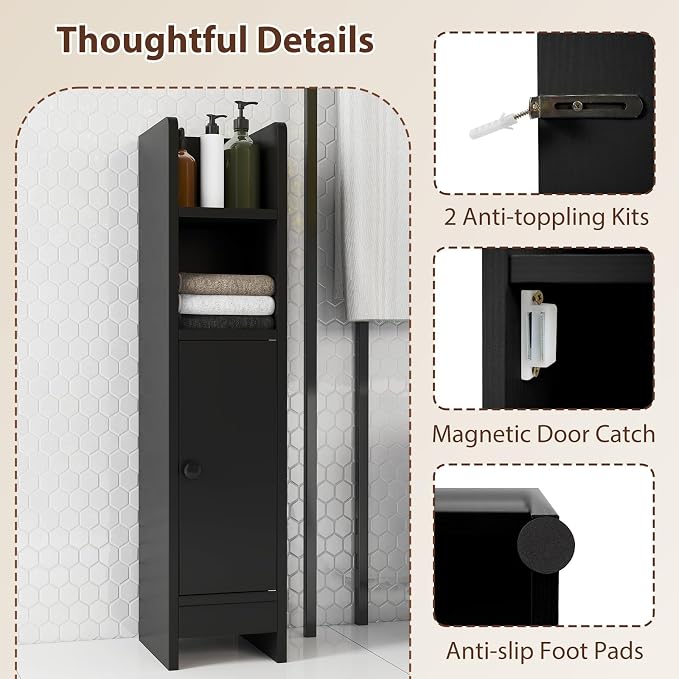 GIANTEX Bathroom Cabinet, Narrow Side Cabinet with Adjustable Shelf, Bathroom Cabinet, Space Saving, Storage Cabinet for Laundry Room, Living Room & Kitchen, 20 x 18 x 80 cm (Black)