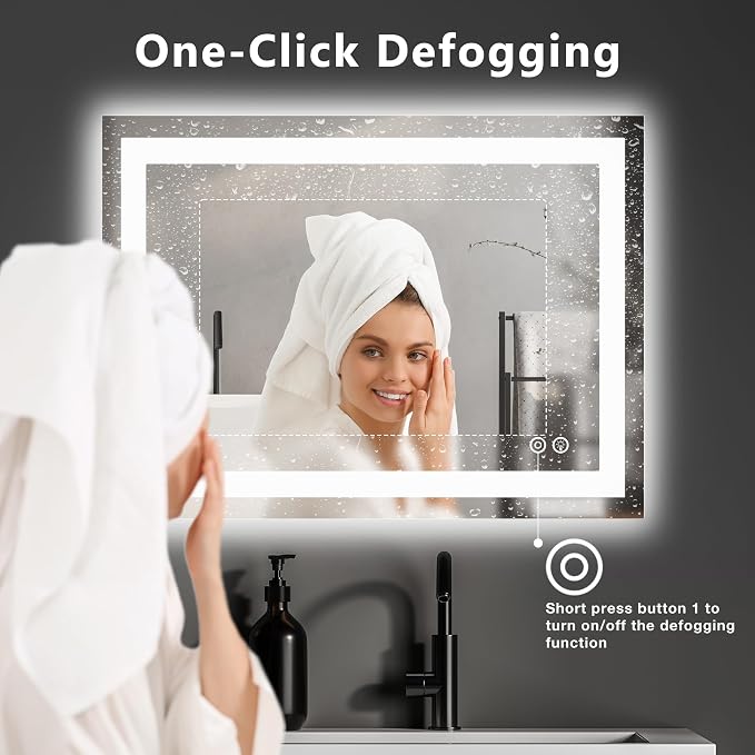 DUMOS 28.1"x36.1" LED Bathroom Mirror, Bathroom Vanity Mirror | Smart Anti-Fog, Front Light and Backlit, 3 Color Temperatures, Dimmable, Memory Function