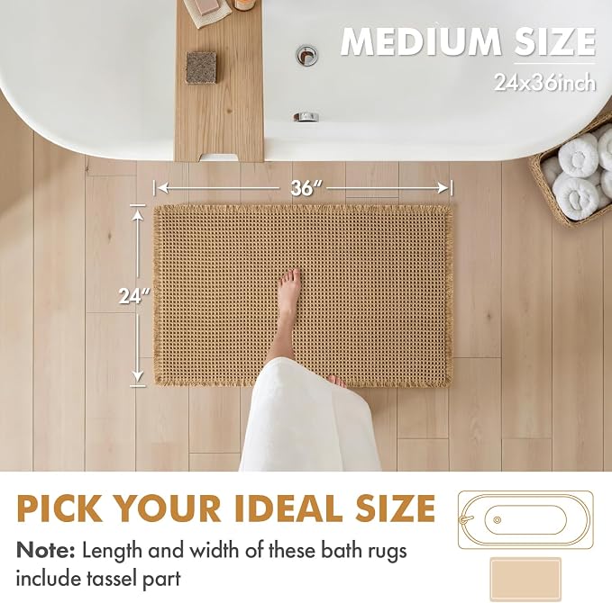 MIULEE Set of 2 Waffle Bathroom Rugs Boho Bath Mat Brown 24x36 Inch | Non Slip, Super Absorbent, Washable, Ultra Soft, Rubber Backed, Large Bath Rugs for Bathroom Floor Tub Shower