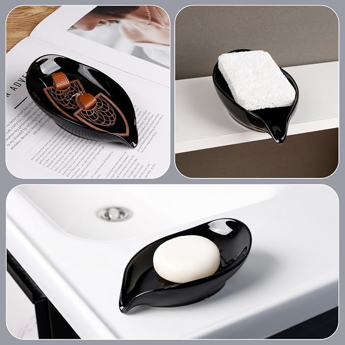 Soap Dish, Self Draining Soap Holder, Leaf Shape Ceramic Bar Soap Holder Drain Soap Dishes for Bathroom Sink Kitchen, Easy to Clean, Keeps Soap Dry, Black, ANTIS'S HOME