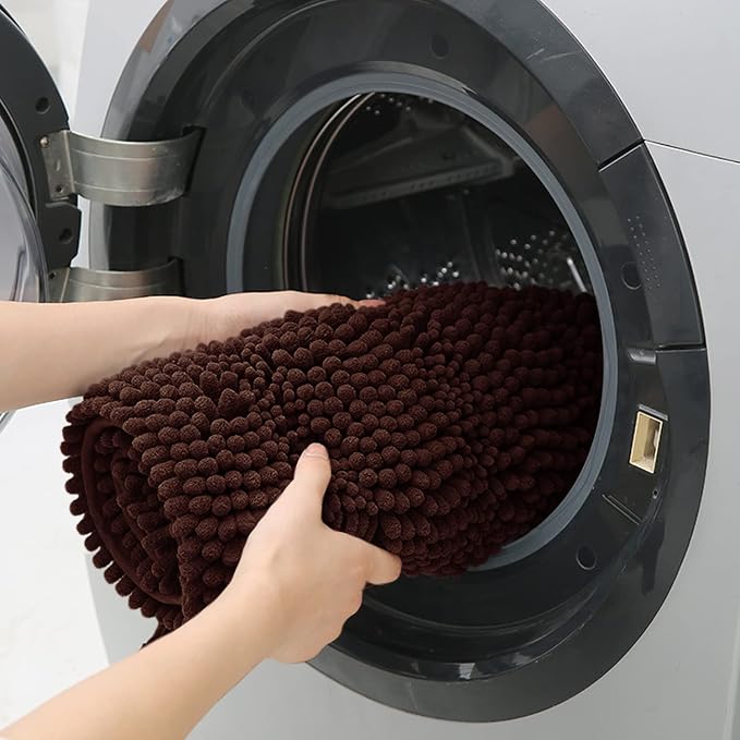 ACCUMTEK Extra Long Striped Brown Bathroom Rug Mat 70"x24" Ultra Soft, Non Slip Chenille Bath Rugs, Absorbent Plush Shaggy Bath Mats for Bathroom, Bedroom, Kitchen, Shower, Tub