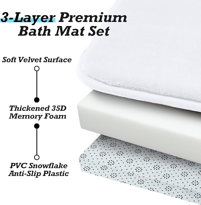 Bathroom Rugs Sets 3 Piece, Non-Slip & Quick Dry Bath Mat Set, Ultra Soft Velvet Bath Rugs for Bathroom, Toilet and Shower Floor, White