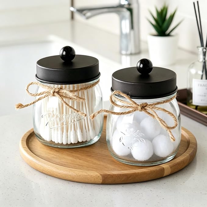 SheeChung 6 Pack Qtip Holders with Labels, Bathroom Organizers and Storage, Bathroom Decor, Apothecary Jars with Lids, Small Mason Jars for Qtips, Cottons, Floss, Balls, Cotton Swabs-Bronze