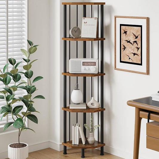 HOOBRO 5-Tier Corner Shelf Stand, Industrial 58.3" Corner Shelf, Corner Bookshelf Storage Stand, Tall Display Shelf Plant Stand for Small Space, Bathroom, Living Room Decor, Rustic Brown BF93CJ01