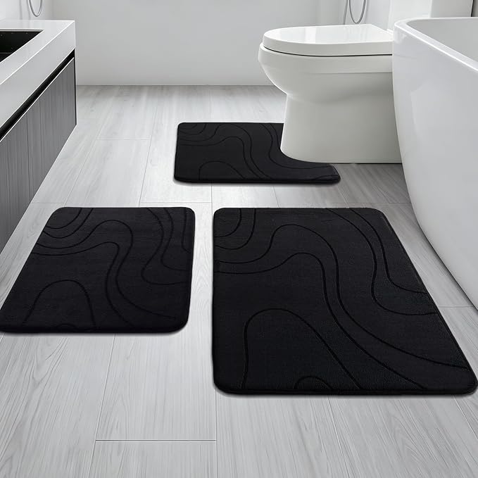 YIHOUSE Bathroom Rugs Sets 3 Piece - Thick Memory Foam Bath Mat, Black | Ultra Soft, Extra Thick, Super Absorbent, Non Slip, Machine Washable, For Bathroom Floor & Tub, 3 Pieces