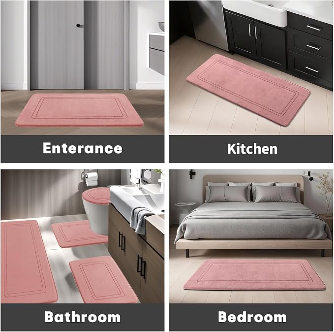 YIHOUSE Memory Foam Bath Mat Set, Bathroom Rugs Sets 3 Pieces, Non Slip Bath Mats for Bathroom, Super Soft and Water Absorbent Bath Rug Set, Machine Washable U Shape Toilet Rug,Pink
