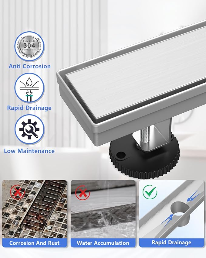 YEFU Shower Drain Nickel for Bathroom: 42 Inch Stainless Steel Linear Shower Drain – 2-in-1 Shower Floor Drain with Tile Insert Grate – Rectangle Linear Drain with Adjustable Feet & Hair Catcher