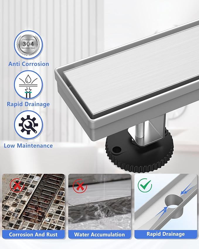 YEFU Shower Drain Nickel for Bathroom: 32 Inch Stainless Steel Linear Shower Drain – 2-in-1 Shower Floor Drain with Tile Insert Grate – Rectangle Linear Drain with Adjustable Feet & Hair Strainer