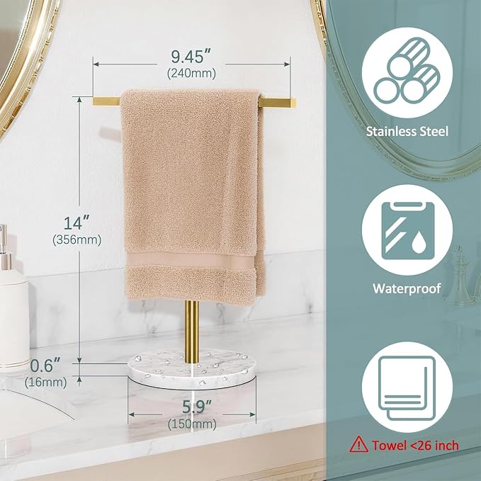 Gypie Gold Hand Towel Holder Stand T-Shape Countertop | Stainless Steel Towel Holder Marble Base, Towel Rack for Bathroom Kitchen Desktop