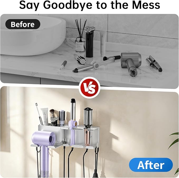 YSD Hair Dryer Holder Wall Mounted with Cord Organizer Metal Organizer | Heat Resistant Blow Dryer Holder with Curling Iron and Flat Iron for Bathroom Self Adhesive/Screw, Grey
