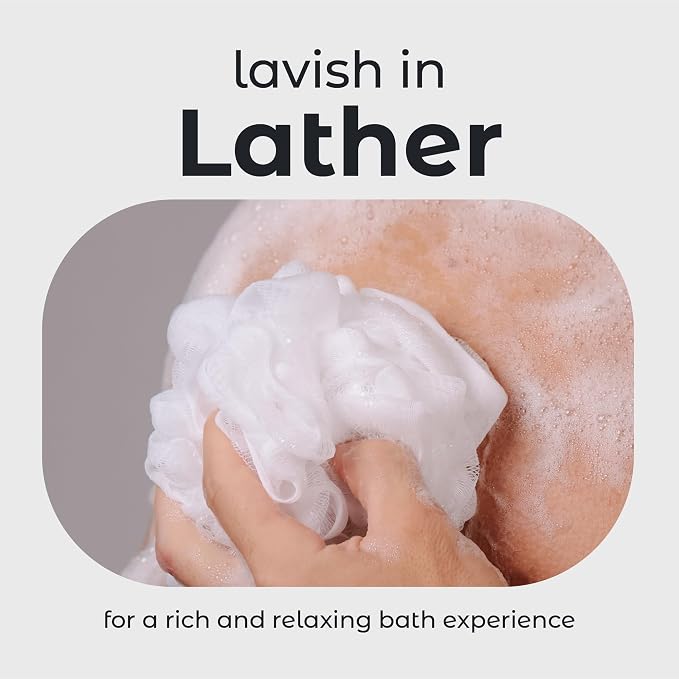 MainBasics Shower Loofah Sponge Pouf, Set of 3, Airy Blossom | Soft Mesh Body Scrubber and Bath Sponge for Gentle Exfoliation, Rich Lather, and Everyday Shower Use