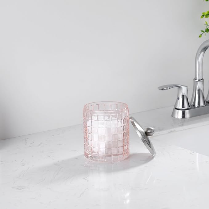 Blush Colored Tranlucent Apothecary Etched Geometric Grid Glass Jar W/Nickel Metal Lid Cover for Bathroom Organization, Cotton Balls, Q Tips, and Small Accessories, Bathroom Storage