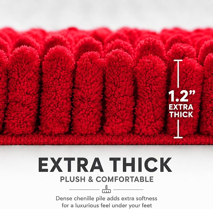 Bathroom Rugs Sets 2 Piece,Super Absorbent Soft,Thick,Machine Washable Chenille Bath Mat,Non Slip Toilet Floor Rug,Bath Mats for Bathroom,20x32 Plus 20x20 U Shape,Red