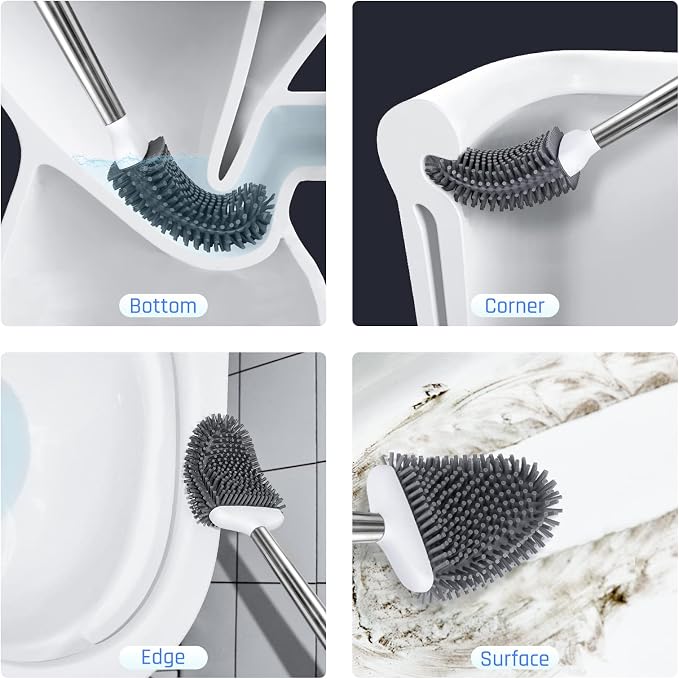 Silicone Toilet Brush, Ventilation Slots Base Holder 3 Pack, White | Flexible Bristles Flat Head for Rim, Hair Tangle-Free, Easy to Clean, Compact Design, Rustproof Handle, for Toilet/Sink/Tub