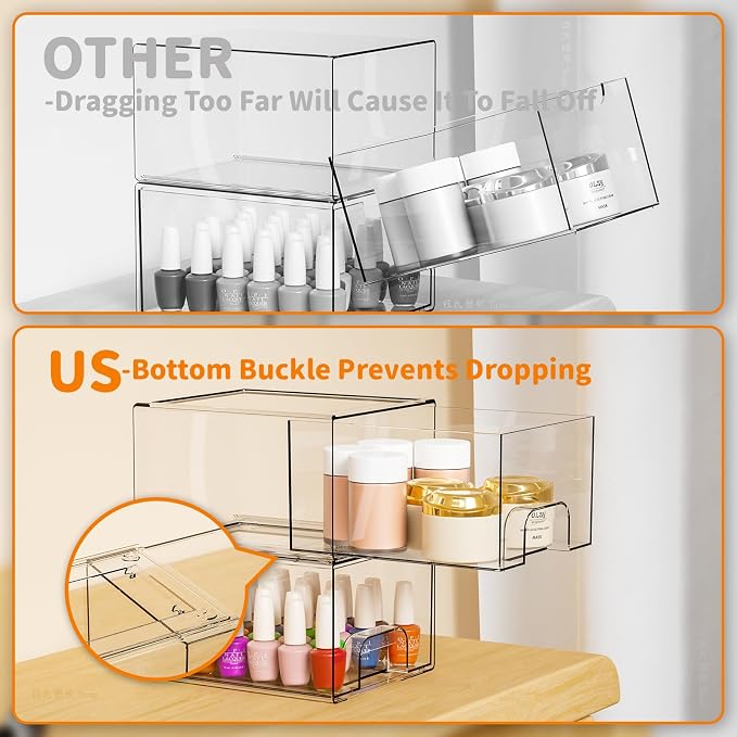 4.4" Tall Small Clear Acrylic Stackable Storage Drawers for Vanity,Under Sink,Bathroom Closet,Medicine Cabinet Organization and Plastic Storage Bins for Organizing Makeup,Baby Bottles,Pacifier,2 PCS