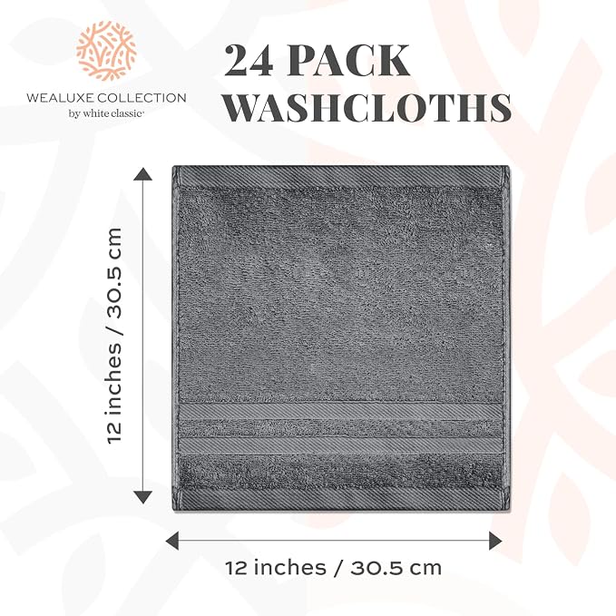 White Classic Wealuxe Dark Gray Washcloths 24 Pack - 600 GSM 100% Ring-Spun Cotton Wash Cloths for Showering, Highly Absorbent and Soft | 12x12 Inches