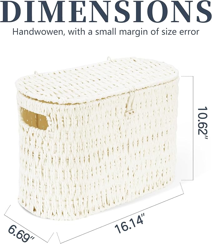 Coeusy Toilet Paper Storage Basket with Lid, Paper Rope Toilet Paper Holder for Up to 6 Mega Rolls, Wicker Basket for Bathroom Accessories Organizer, Boho Hand Woven Rattan Decorative Decor, White