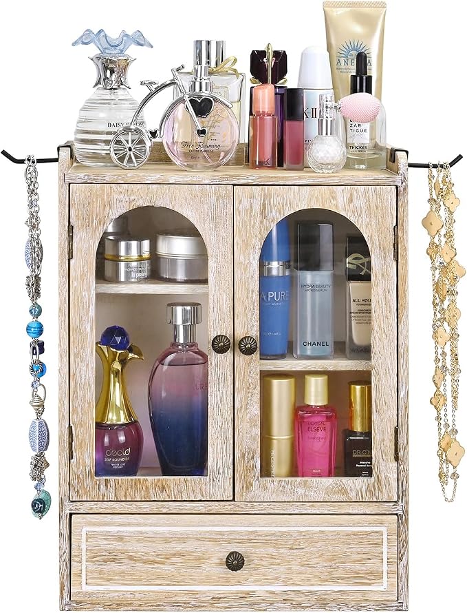 Ikee Design Wooden Countertop Storage Cabinet with Magnetic Door, Adjustable Shelves, Removable Hooks and Drawer for Perfume, Makeup, Pantry, Vintage White, 12.2 W x 6 D x 15.7 H in