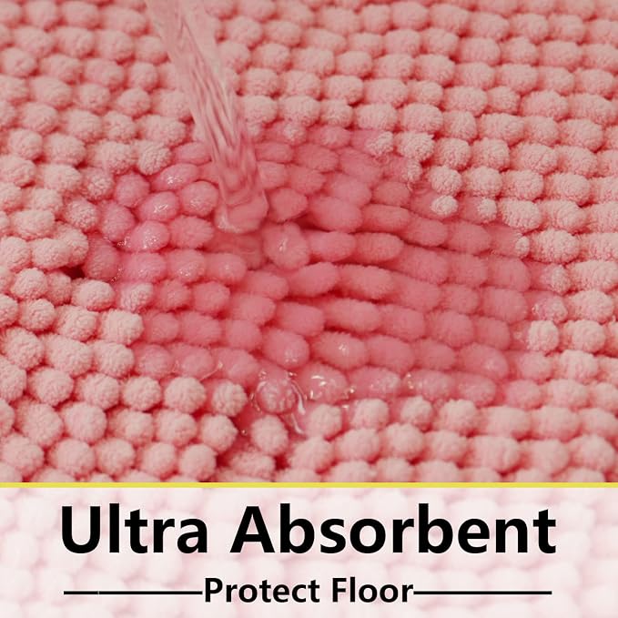 Bathroom Rugs Chenille 3-Piece Extra Soft and Absorbent Shag Bathroom Rugs, Machine Wash Mat, Strong PVC Non-Slip Underside, Plush Carpet Mats (Pink)
