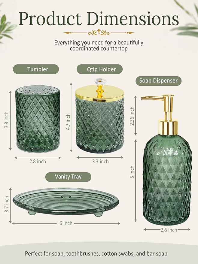 Haturi Glass Bathroom Accessories Set, Sage Green Bathroom Set, 4 Pcs | Kit w/ Bathroom Soap Dispenser Set, Toothbrush Holder, Qtip Holder,Soap Dish, Green Bathroom Decor, Gift for Home Apartment