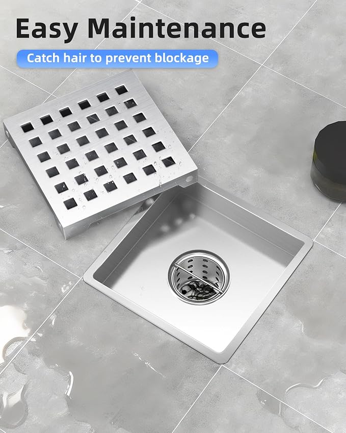 4 Inch Shower Drain, Modern 304 Stainless Steel Square Shower Drain for Bathroom, Brushed Nickel Shower Floor Drain with Grate Removable, Hair Strainer