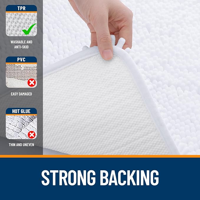 OLANLY Chenille Bathroom Rugs Mats Sets 2 Piece, 59"x20"+30"x20", White | Ultra Soft Absorbent Bath Rugs Set, Rubber Backing Non-Slip, Quick Dry, Machine Washable Bath Carpet, Home Decor Accessories
