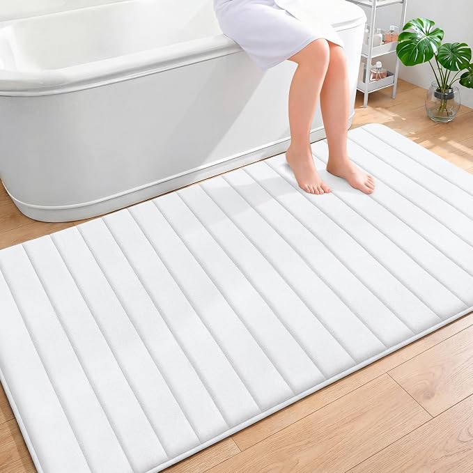 OLANLY Memory Foam Large Bath Mat 70x46, Super Soft Absorbent Bathroom Rugs | White, Quick Dry Bath Rug, Machine Washable Shower Floor Mats, Bathmat Carpet for Bathroom Floor, Tub and Shower