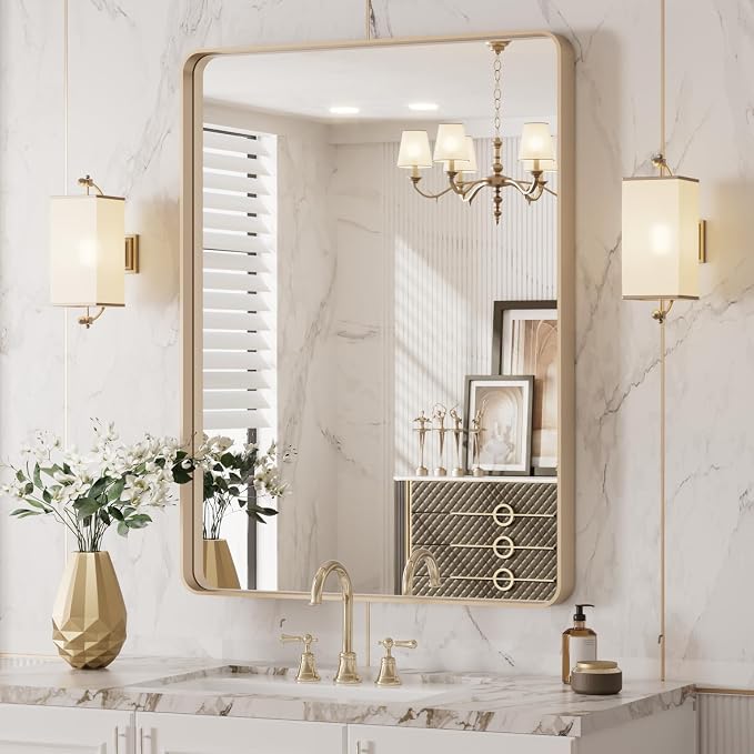 LOAAO 20"X30" Gold Bathroom Mirror | Rounded Rectangle, Brushed Gold Frame, Wall-Mounted, Anti-Rust, Hangs Horizontally or Vertically