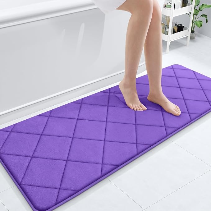 OLANLY Memory Foam Bath Mat 59x20, Ultra Soft and Absorbent Bathroom Rugs | Purple, Quick Dry, Machine Washable Shower Bath Rugs, Comfortable Bath Carpet for Bathroom Floor, Tub and Shower