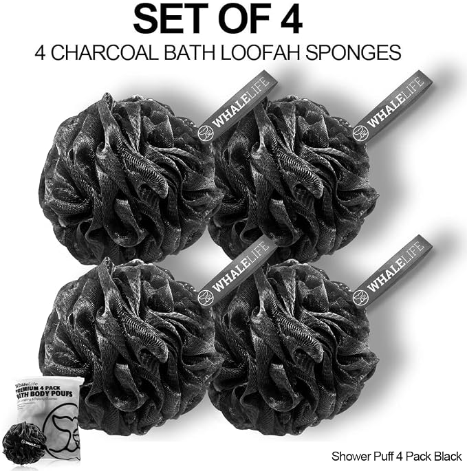 WhaleLife Bath Loofah Sponge for Shower - Body Scrubber 4-Pack Black | 10X Suds Save Body Wash Double Knotted Anti Tear Core Fast Dry Cotton Loop Stay Fresh Large Mesh for Sensitive Skin