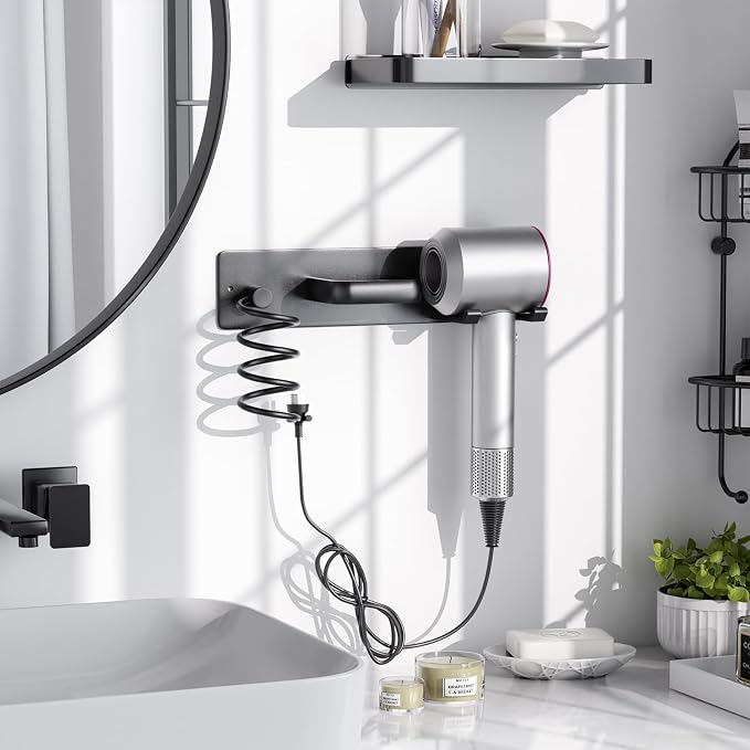 Tindbea Hair Dryer Holder Wall Mount Aluminum Alloy Hot Tools Organizer | Heavy Duty, Matte Black