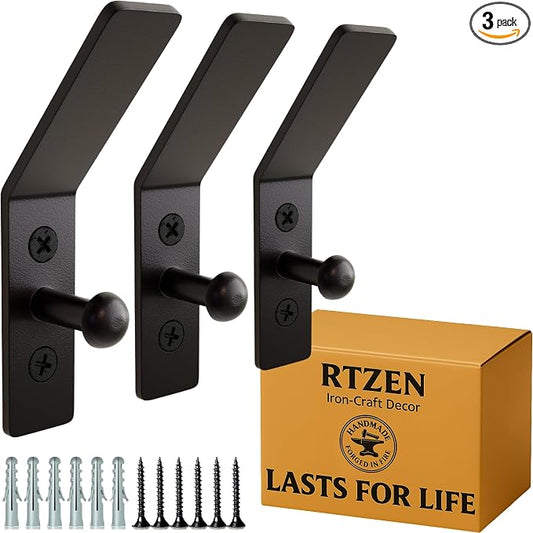 RTZEN Wall Mount Hook Set - Wrought Iron Decorative Rustic Metal Coat Hooks for Hanging - Handcrafted Classic Farmhouse Wall Mounted Black Hooks for Towel Robe or Hat Hanging - 3 Pack