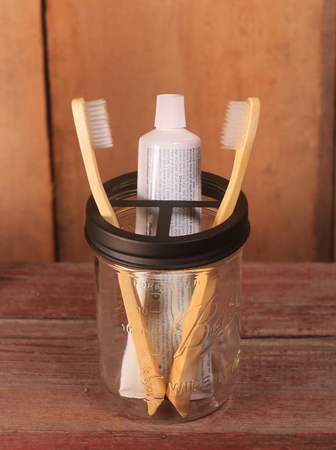 Jarmazing Products Mason Jar Toothbrush Holder – Black – with 16 Ounce Ball Mason Jar – Made from Rust-Proof Stainless Steel - Two Pack