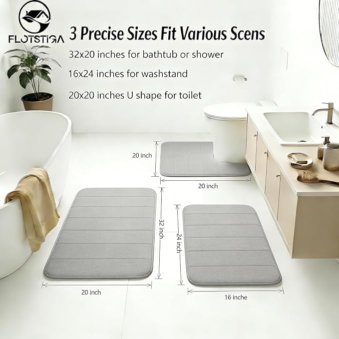 Memory Foam Bath Mat Set 3 Piece，Super Soft Absorbent Bathroom Rug Non Slip, Quick Dry,Machine Wash, Perfect Plush Bathroom Rugs,Home Decor Accessories,Grey