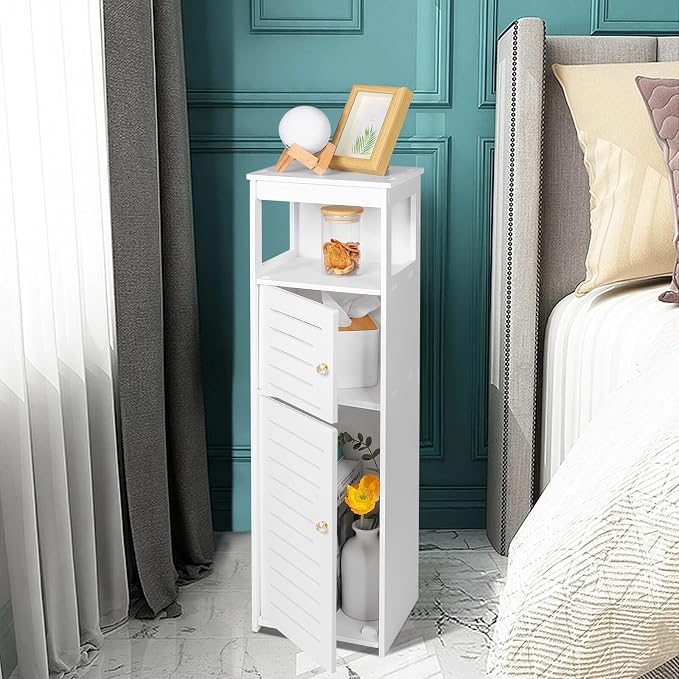 VOGGV Bathroom Storage Cabinet, Bathroom Floor Cabinet Freestanding 1 Doors and Shelves for Home Kitchen, Living Room and Hallway, 29.5 * 8.66 * 7.87in, White