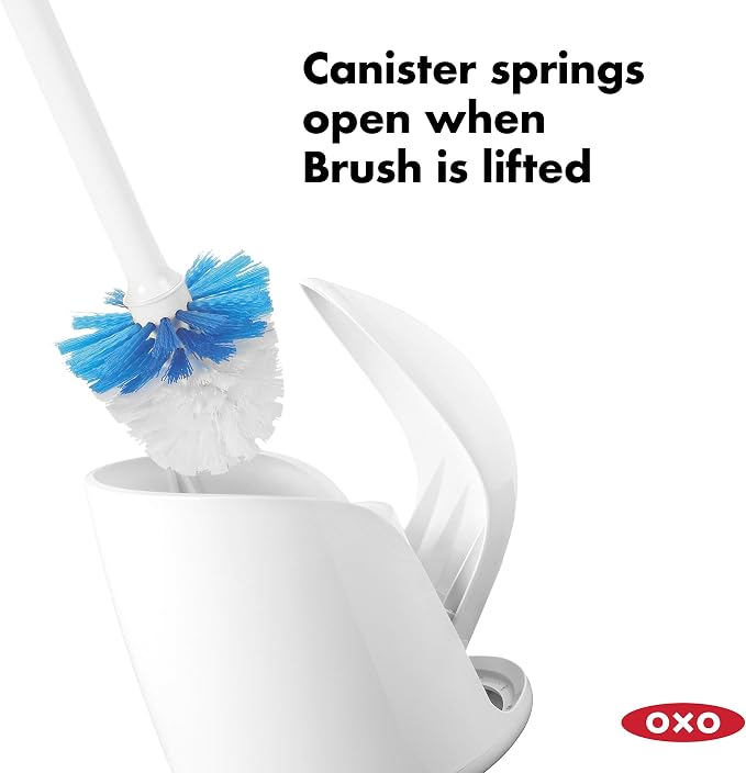 OXO Good Grips Compact Toilet Brush & Canister, Toilet Bowl Brush and Holder with Automatic Canister Door, Bathroom and Small Spaces Cleaning Supplies Essential (Pack of 2)
