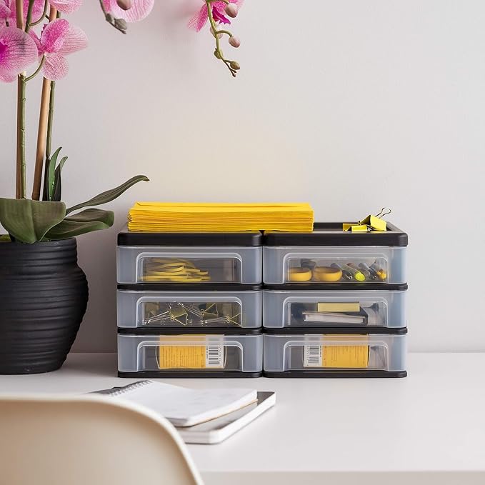 IRIS USA Plastic Stacking Desk Top 3-Drawer Storage Organizer, 4-Pack, for Makeup Vanity Nail Polish Bathroom Stationery Art Craft Supplies Kitchen Office Garage and Small Organization, Small, Black