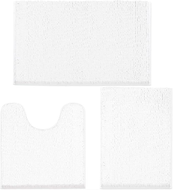 TREETONE Bathroom Rugs Sets, Thick Soft Absorbent 3 Piece Chenille Bath Rugs, Non-Slip, Dry Quickly, Machine Washable, Shaggy Mats with U-Shaped Toilet Rug for Bathroom Floor, Tub and Shower, White