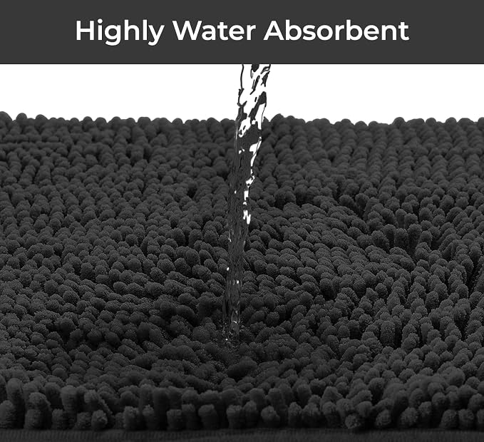 LuxUrux 4-Piece Bathroom Rug Set - Soft Chenille Mats, Non-Slip Toilet Mat & Lid Cover for Comfort & Style (20x20 U, 16x24, 20x30 & 19x19 inches, Black)