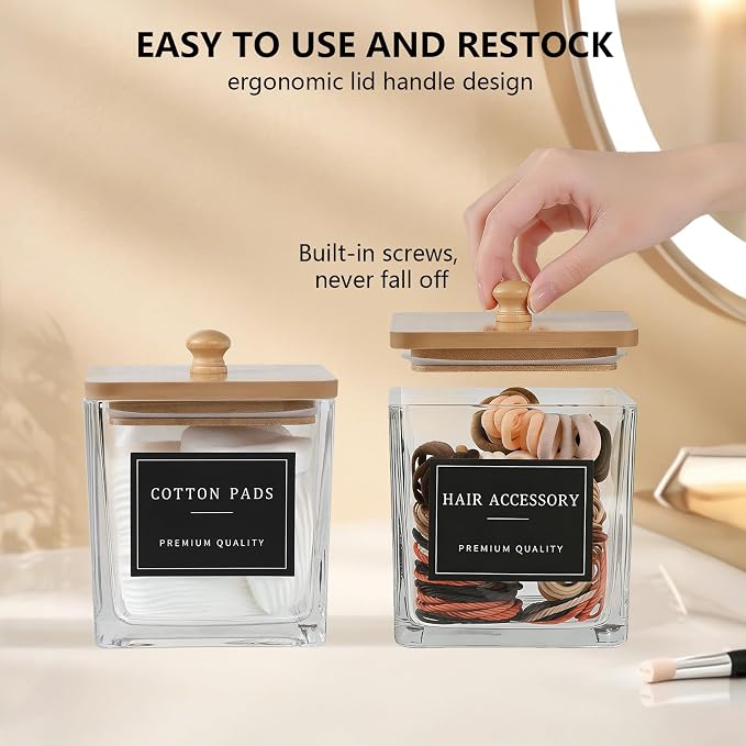 eggs sound 2 Pack Qtip Holder Dispenser for Bathroom, Thick Glass Apothecary Jars, Bathroom Organizer Containers for Cotton Balls, Swabs, Pads, Floss Picks, Canisters with Bamboo Lids