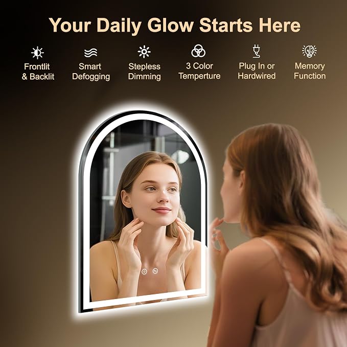 Arched LED Lighted Bathroom Mirror with Lights 24"x32"Smart Anti-Fog | Dimmable 3 Color Modes, Backlit and Front Lit, Memory Function, HD Tempered Glass, Touch Sensor