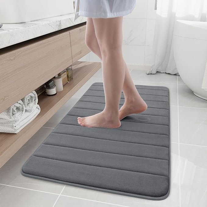 Buganda Memory Foam Bath Mat 44 x 24, Ultra Soft Absorbent Bathroom Rugs | Grey, Machine Washable Quick Dry Bath Mats for Bathroom Floor, Shower and Tub, Home Decor Accessories