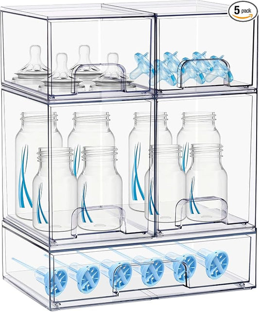Baby Bottle Organizer, 5 Pack Stackable Storage Dust-proof Drawers, Clear Plastic Bottle Station Organizer for Countertop & Cabinet, Pacifier and Medicine Container for Nursery