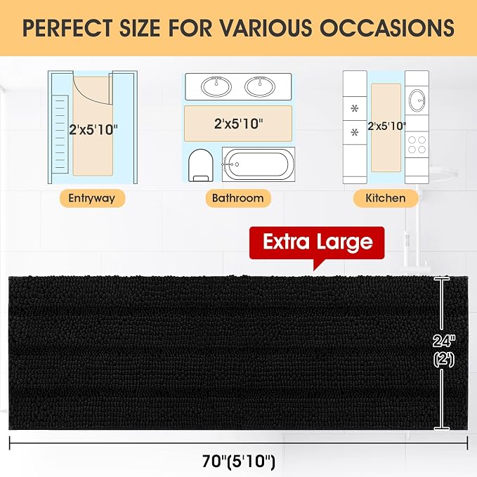 ACCUMTEK Extra Long Striped Black Bathroom Rug Mat 70"x24" Ultra Soft, Non Slip Chenille Bath Rugs, Absorbent Plush Shaggy Bath Mats for Bathroom, Bedroom, Kitchen, Shower, Tub
