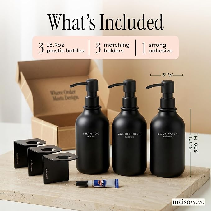 MaisoNovo Shampoo and Conditioner Dispenser|Refillable Black Set of 3 | 500 ml Shower Gel Dispenser Set of 3. Refillable Shampoo and Conditioner Bottles. Drill Free Secure Design. Black