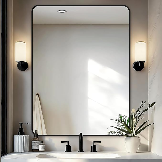Delma Bathroom Vanity Mirror, Black Framed Mirror for Over Sink, 30x40 | HD glass, distortion-free for makeup and grooming, Sturdy frame, all mounting hardware, hangs horizontal or vertical