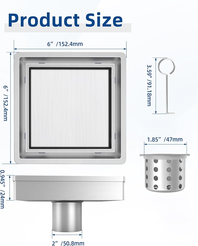6 Inch Square Shower Drain, 2-in-1 Tiled Shower Drain - 304 Stainless Steel Square Shower Floor Drain for Bathroom, Brushed Nickel Drain Shower with Tile Insert Grate Removable, Hair Strainer